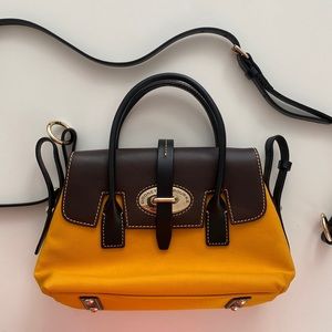 Dooney and Bourke leather & Nylon Elisa Bag brown leather gold fabric